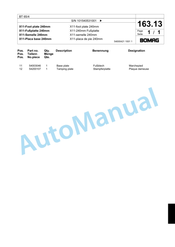 Bomag BT 65-4 Vibratory Tamper Spare Parts Catalogue 00818601-5