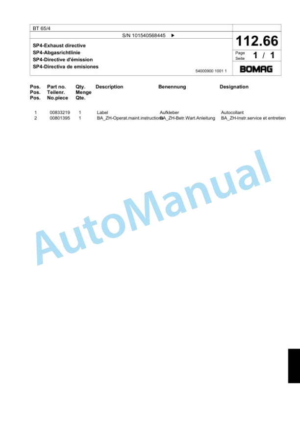 Bomag BT 65-4 Vibratory Tamper Spare Parts Catalogue 00818739-3