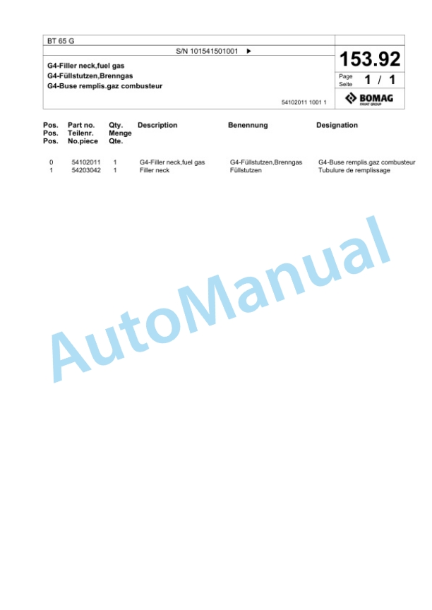 Bomag BT 65 G Vibratory Tamper Spare Parts Catalogue 00824893-5