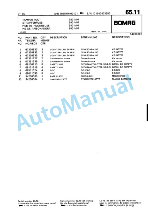 Bomag BT 65 Vibratory Tamper Spare Parts Catalogue 00813230-3