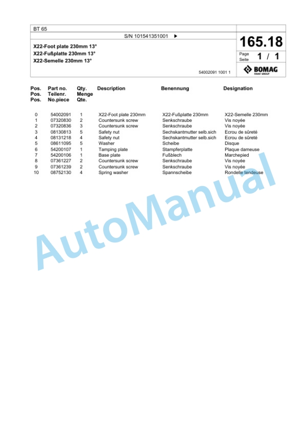 Bomag BT 65 Vibratory Tamper Spare Parts Catalogue 00825213-5