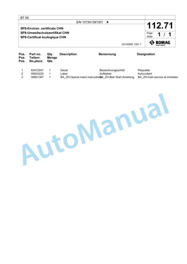 Bomag BT 65 Vibratory Tamper Spare Parts Catalogue 00826537-3