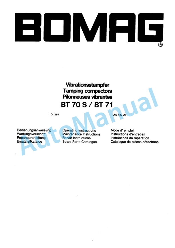 Bomag BT 70 S, BT 71 Vibratory Tamper Spare Parts Catalogue 00813200