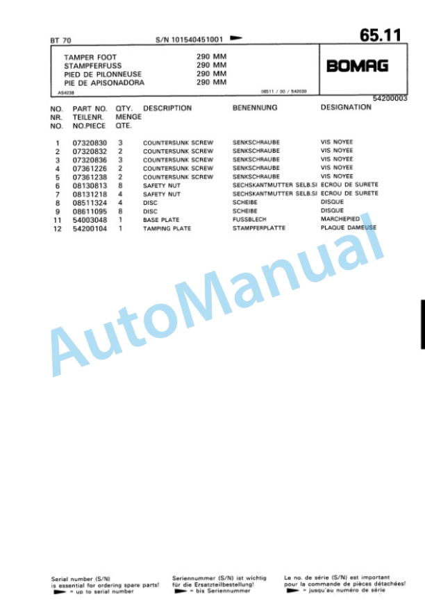 Bomag BT 70 Vibratory Tamper Spare Parts Catalogue 00813207-4