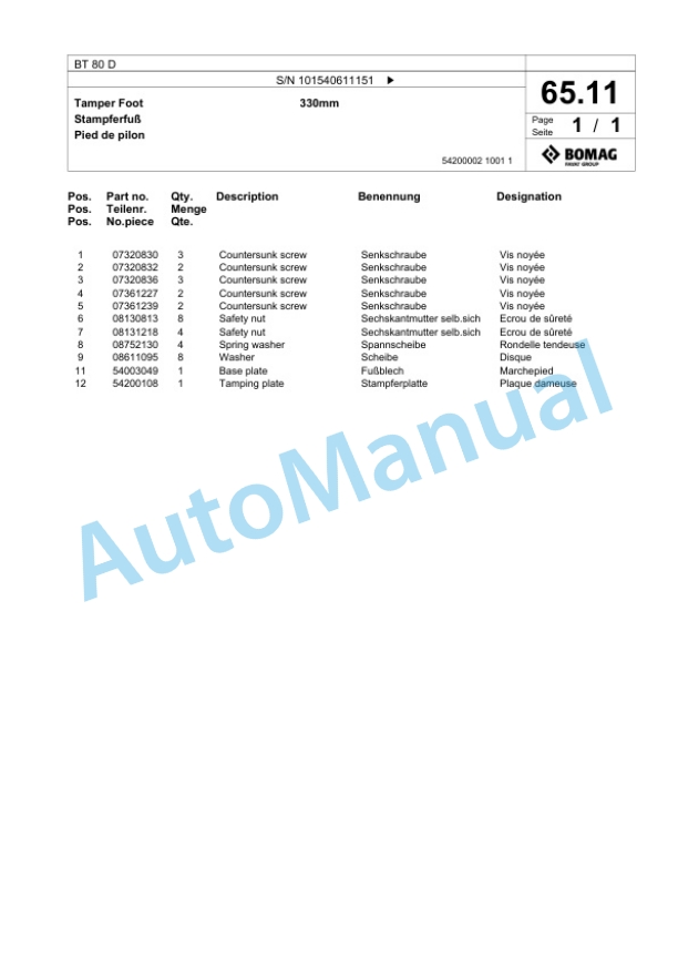 Bomag BT 80 D Vibratory Tamper Spare Parts Catalogue 00825495-3