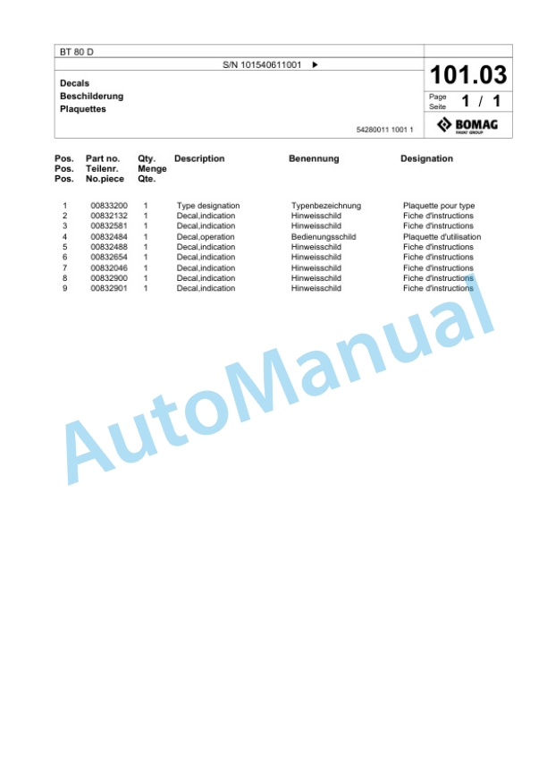 Bomag BT 80 D Vibratory Tamper Spare Parts Catalogue 00825495-4