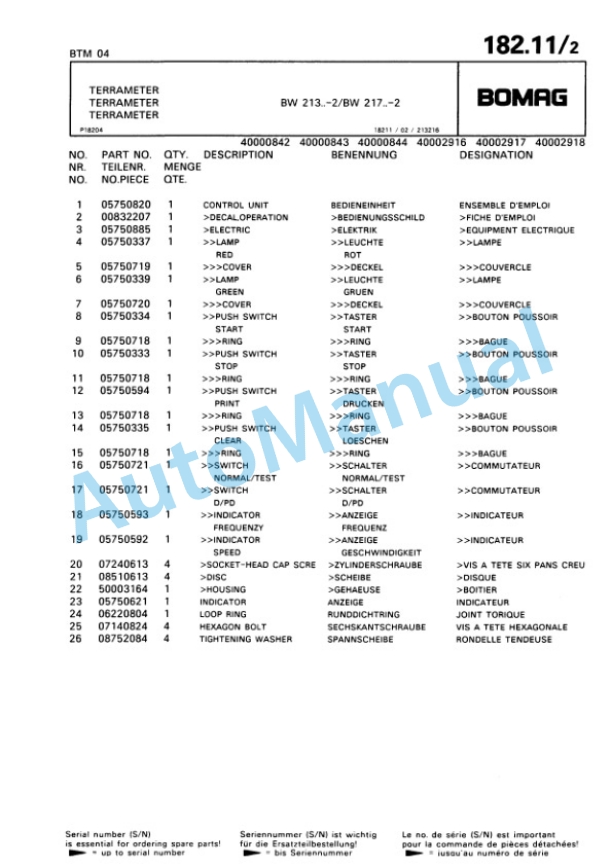 Bomag BTM 04 Terra Meter Spare Parts Catalogue 00816211 GE-5