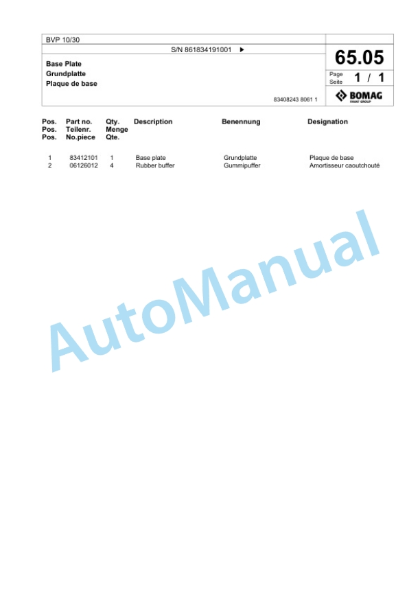 Bomag BVP 10-30 Vibratory Plate Compactor Spare Parts Catalogue 00825109-3