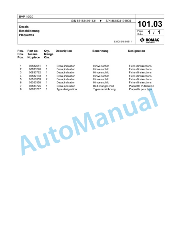 Bomag BVP 10-30 Vibratory Plate Compactor Spare Parts Catalogue 00825109-5