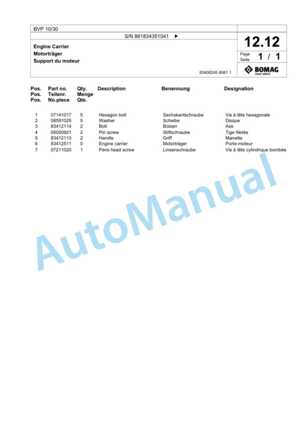 Bomag BVP 10-30 Vibratory Plate Compactor Spare Parts Catalogue 00825329-2