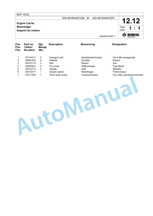 Bomag BVP 10-30 Vibratory Plate Compactor Spare Parts Catalogue 00826197-2