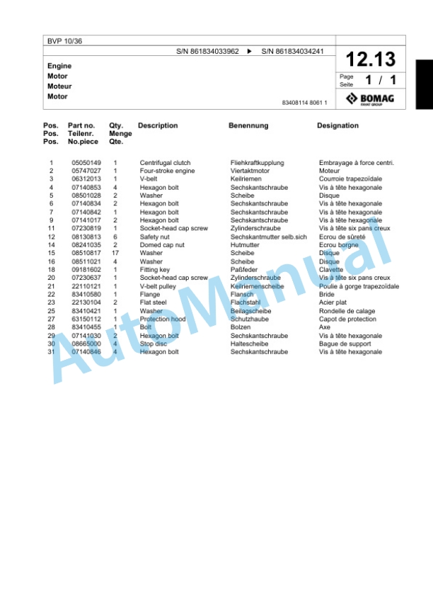 Bomag BVP 10-36 Vibratory Plate Compactor Spare Parts Catalogue 00824083-2