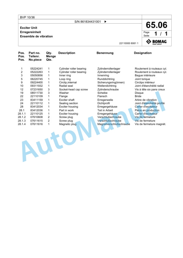 Bomag BVP 10-36 Vibratory Plate Compactor Spare Parts Catalogue 00825469-3