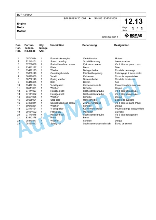 Bomag BVP 12-50 A Vibratory Plate Compactor Spare Parts Catalogue 00825145-2