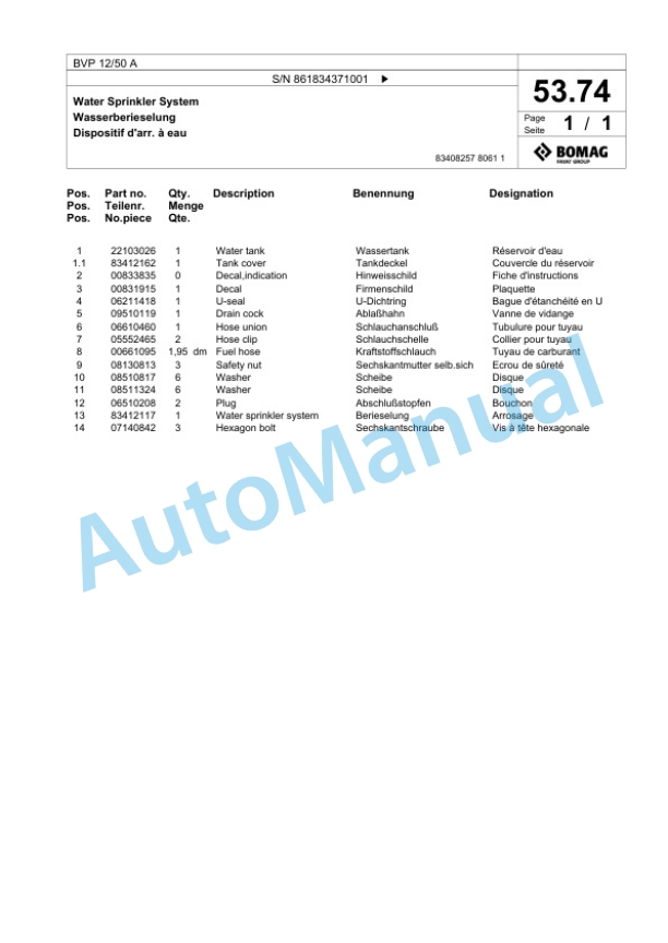 Bomag BVP 12-50 A Vibratory Plate Compactor Spare Parts Catalogue 00825317-3