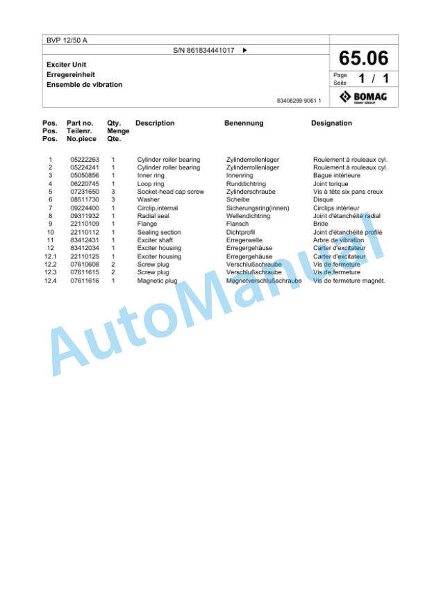 Bomag BVP 12-50 A Vibratory Plate Compactor Spare Parts Catalogue 00825471-5