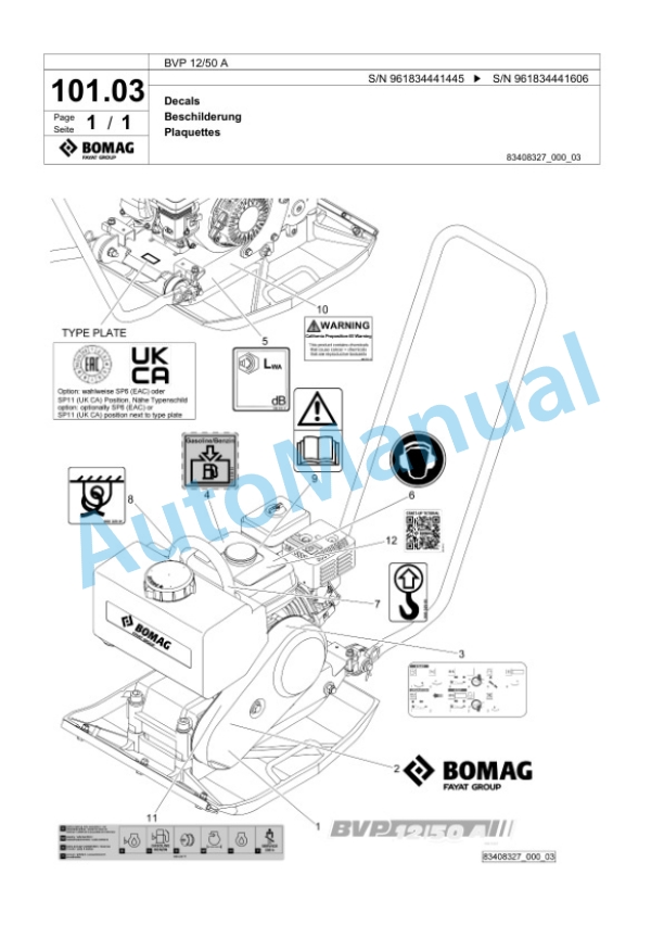 Bomag BVP 12-50 A Vibratory Plate Compactor Spare Parts Catalogue 00826201-5