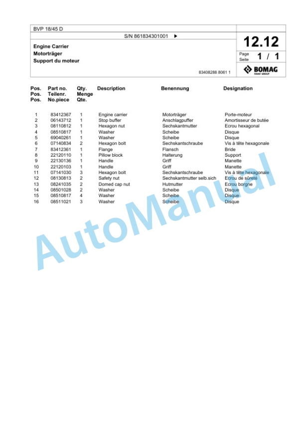 Bomag BVP 18-45 D Vibratory Plate Compactor Spare Parts Catalogue 00825159-2