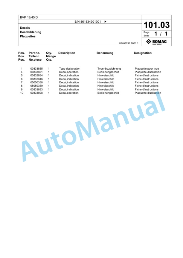 Bomag BVP 18-45 D Vibratory Plate Compactor Spare Parts Catalogue 00825159-5