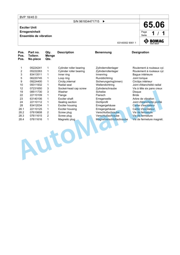Bomag BVP 18-45 D Vibratory Plate Compactor Spare Parts Catalogue 00826205-4
