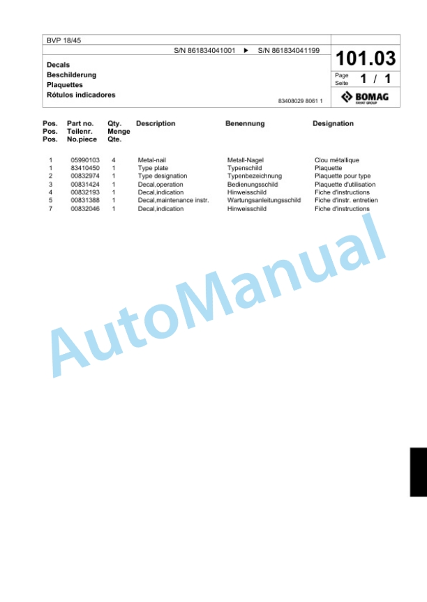 Bomag BVP 18-45 Vibratory Plate Compactor Spare Parts Catalogue 00818689-3