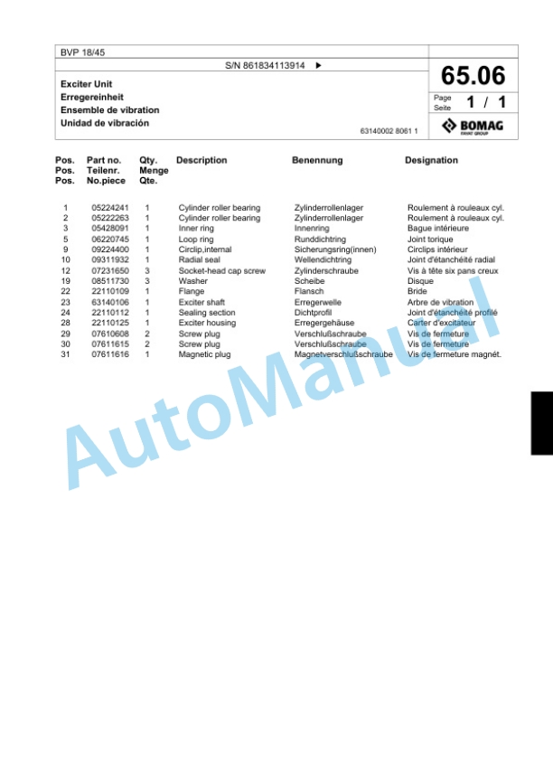 Bomag BVP 18-45 Vibratory Plate Compactor Spare Parts Catalogue 00824365-3