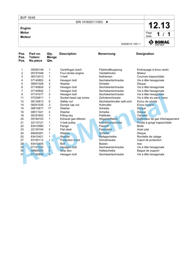 Bomag BVP 18-45 Vibratory Plate Compactor Spare Parts Catalogue 00825603-2