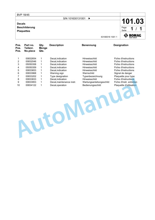 Bomag BVP 18-45 Vibratory Plate Compactor Spare Parts Catalogue 00825953-4