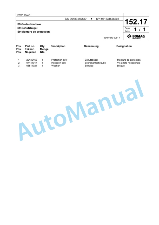 Bomag BVP 18-45 Vibratory Plate Compactor Spare Parts Catalogue 00826211-5