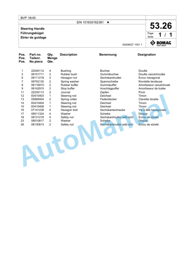 Bomag BVP 18-45 Vibratory Plate Compactor Spare Parts Catalogue 00826305-2