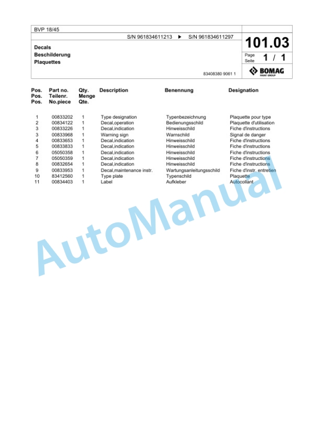 Bomag BVP 18-45 Vibratory Plate Compactor Spare Parts Catalogue 00826355-5
