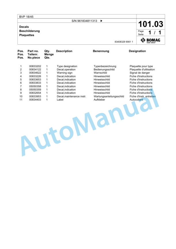 Bomag BVP 18-45 Vibratory Plate Compactor Spare Parts Catalogue 00826629-3