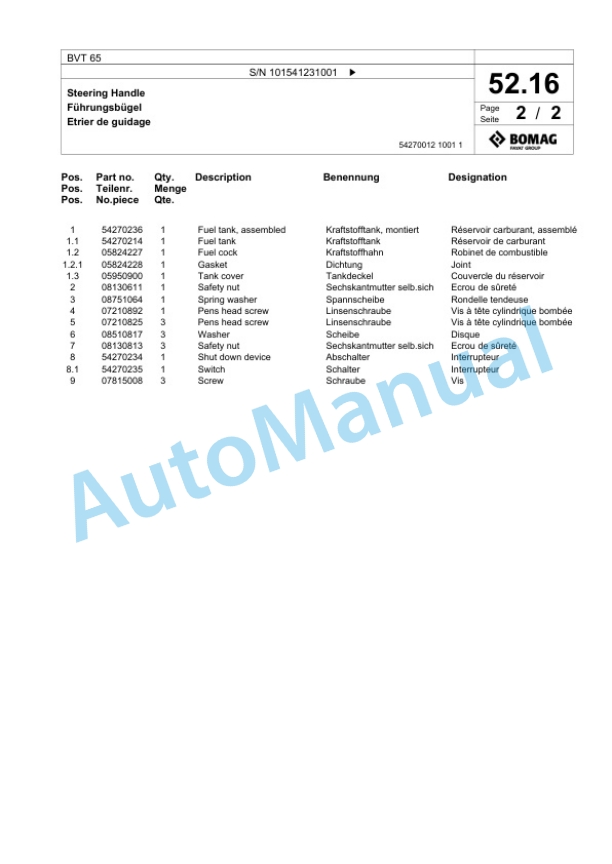 Bomag BVT 65 Vibratory Tamper Spare Parts Catalogue 00825405-2