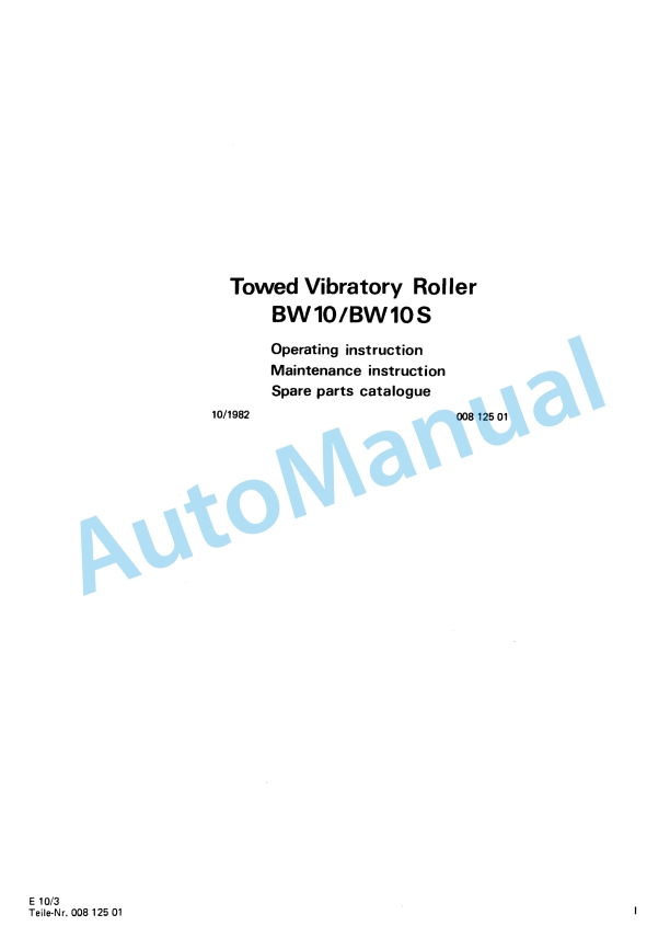 Bomag BW 10, BW 10S Towed Vibratory Rollers Spare Parts Catalogue 00812501