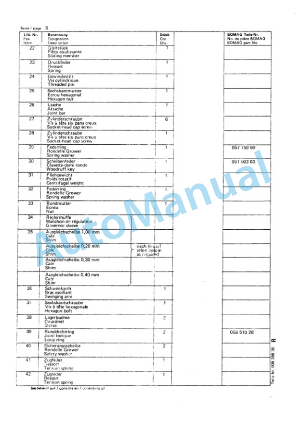 Bomag BW 10, BW 10S Towed Vibratory Rollers Spare Parts Catalogue 00812501-2