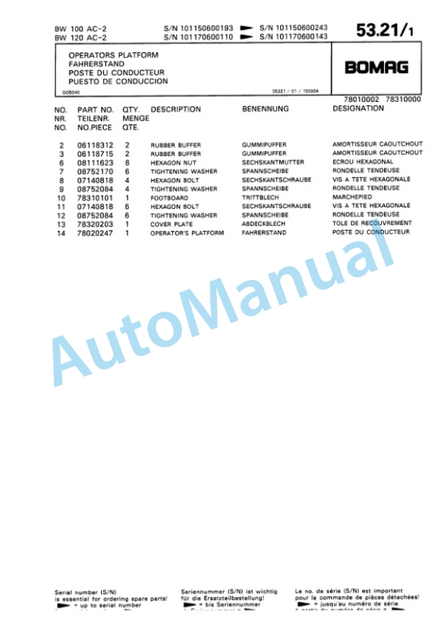 Bomag BW 100 AC-2, BW 120 AC-2 Combination Roller Spare Parts Catalogue 00810069-2