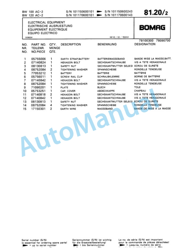 Bomag BW 100 AC-2, BW 120 AC-2 Combination Roller Spare Parts Catalogue 00810069-3