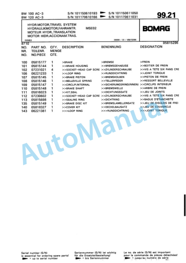 Bomag BW 100 AC-3, BW 120 AC-3 Combination Roller Spare Parts Catalogue 00810096-5