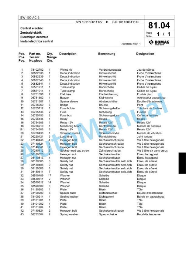 Bomag BW 100 AC-3 Combination Roller Spare Parts Catalogue 00817457-4