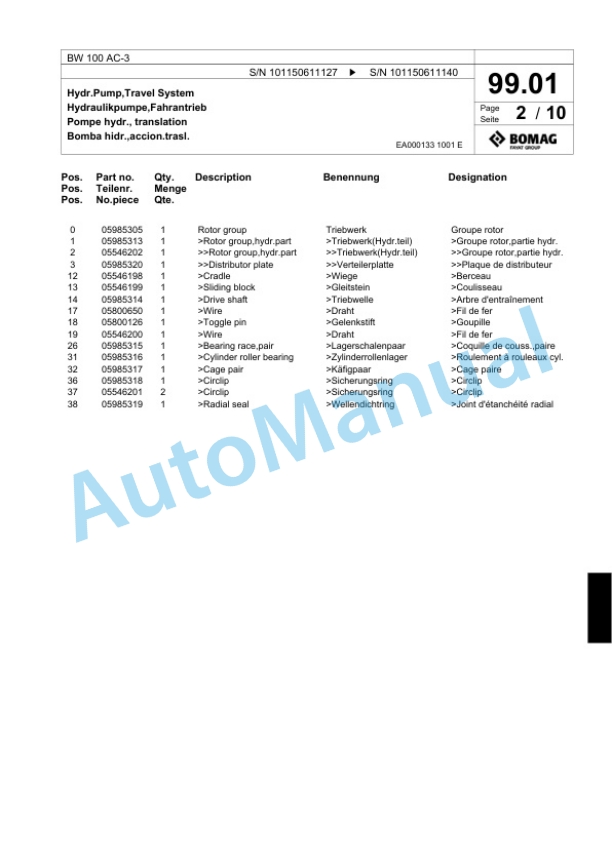 Bomag BW 100 AC-3 Combination Roller Spare Parts Catalogue 00817457-5