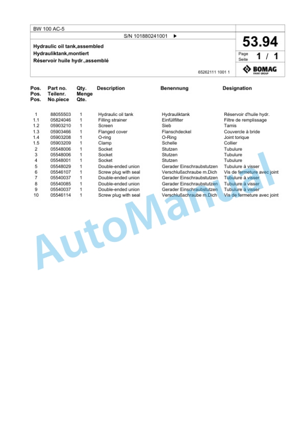Bomag BW 100 AC-5 Combination Roller Spare Parts Catalogue 00824275-2