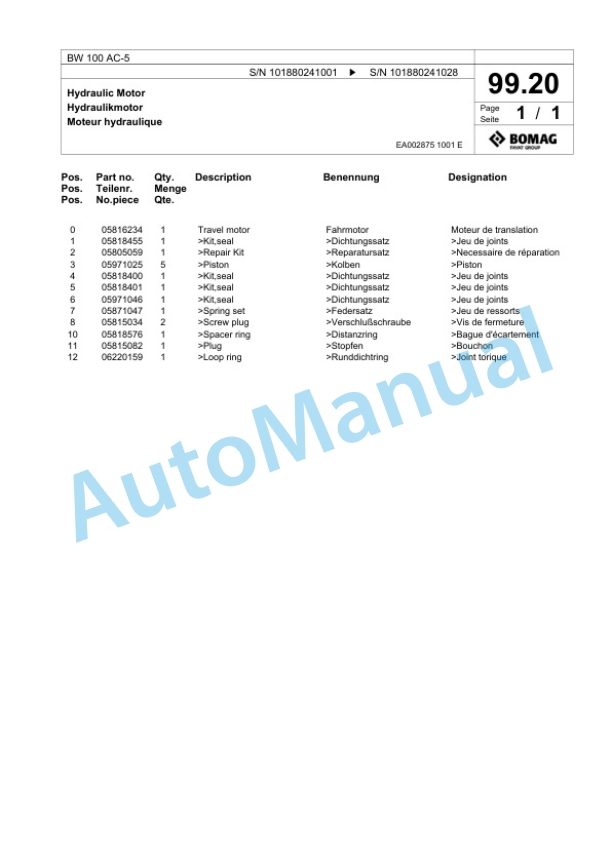 Bomag BW 100 AC-5 Combination Roller Spare Parts Catalogue 00824275-3