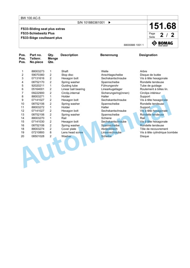 Bomag BW 100 AC-5 Combination Roller Spare Parts Catalogue 00824621-4