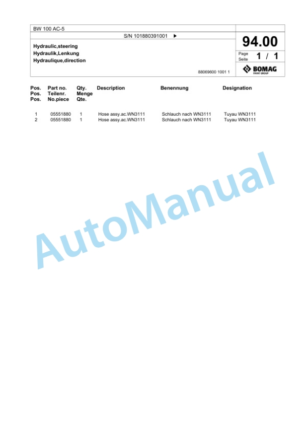 Bomag BW 100 AC-5 Combination Roller Spare Parts Catalogue 00824837-2
