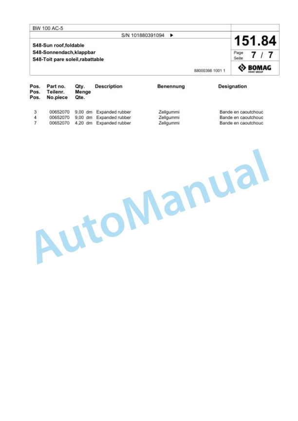 Bomag BW 100 AC-5 Combination Roller Spare Parts Catalogue 00824837-4