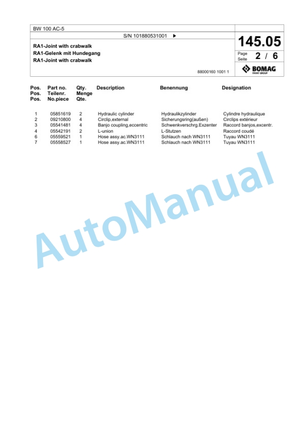 Bomag BW 100 AC-5 Combination Roller Spare Parts Catalogue 00825377-3