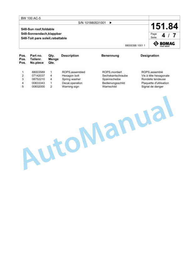 Bomag BW 100 AC-5 Combination Roller Spare Parts Catalogue 00825377-4