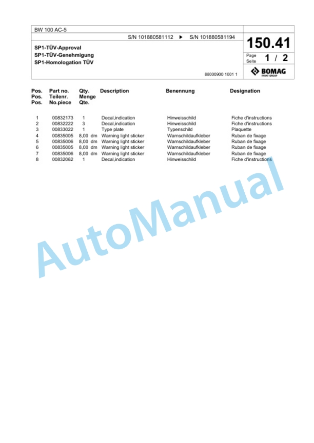 Bomag BW 100 AC-5 Combination Roller Spare Parts Catalogue 00825569-3