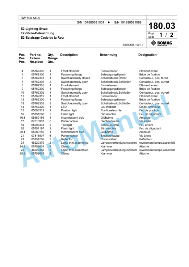 Bomag BW 100 AC-5 Combination Roller Spare Parts Catalogue 00825569-4