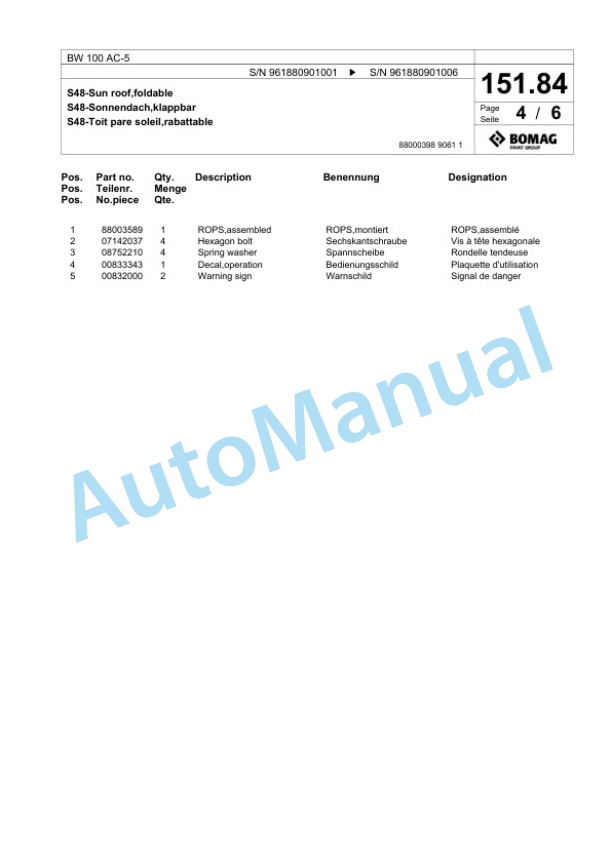 Bomag BW 100 AC-5 Combination Roller Spare Parts Catalogue 00827047-4